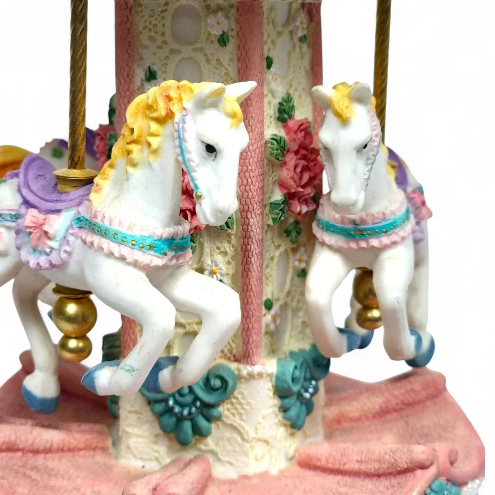 Musical Rotating Carousel Horse Music Box Plays Carousel Waltz Pink Floral